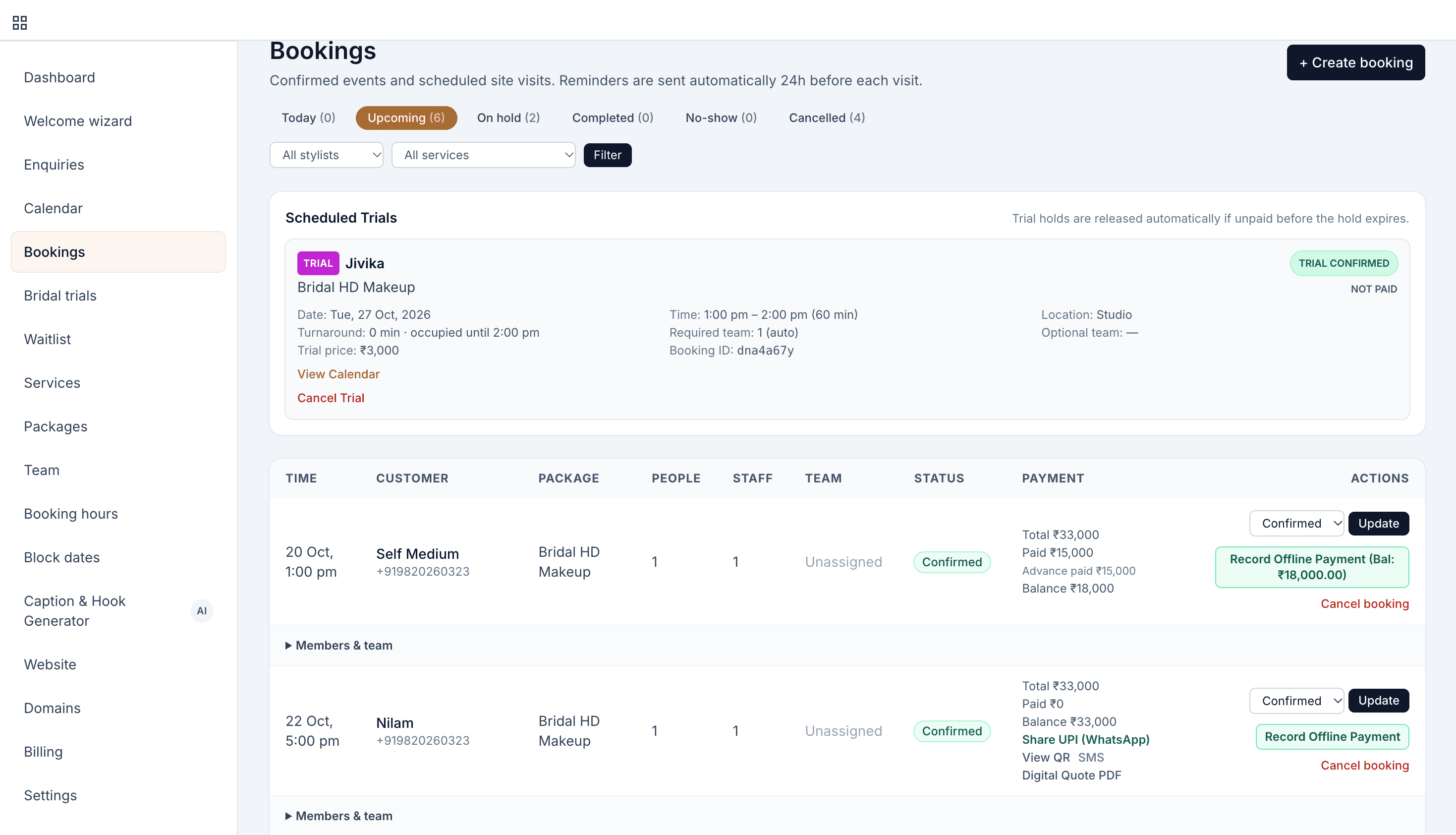 Every enquiry managed here — lead details, follow-ups, availability & booking