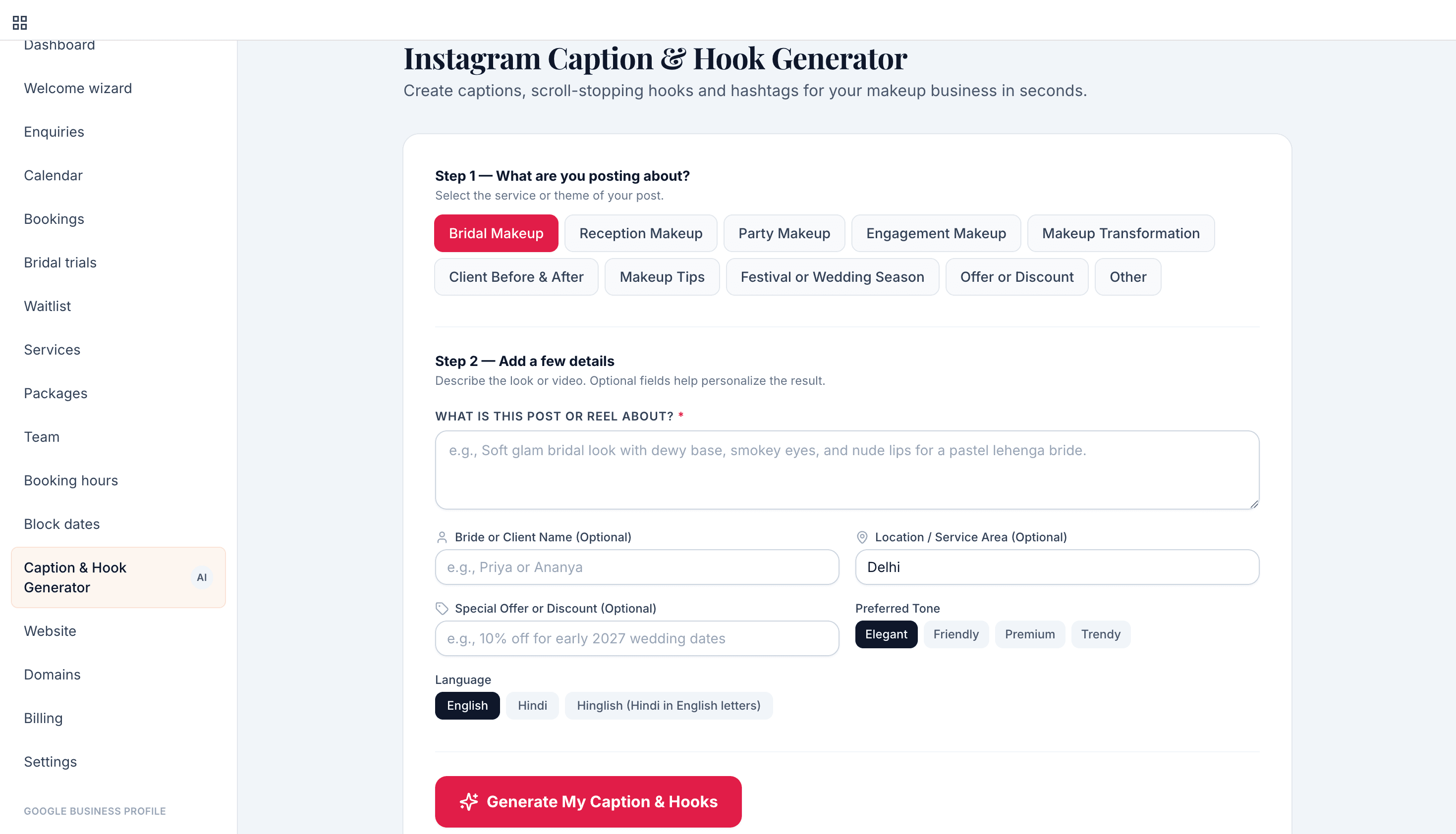 Instagram Caption & Hook Generator for makeup artists